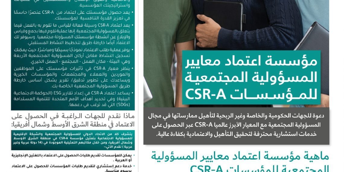 دعوة للجهات الحكومية والخاصة وغير الربحية لتأهيل ممارساتها في مجال المسؤولية المجتمعية مع المعيار الأبرز عالميا CSR-A