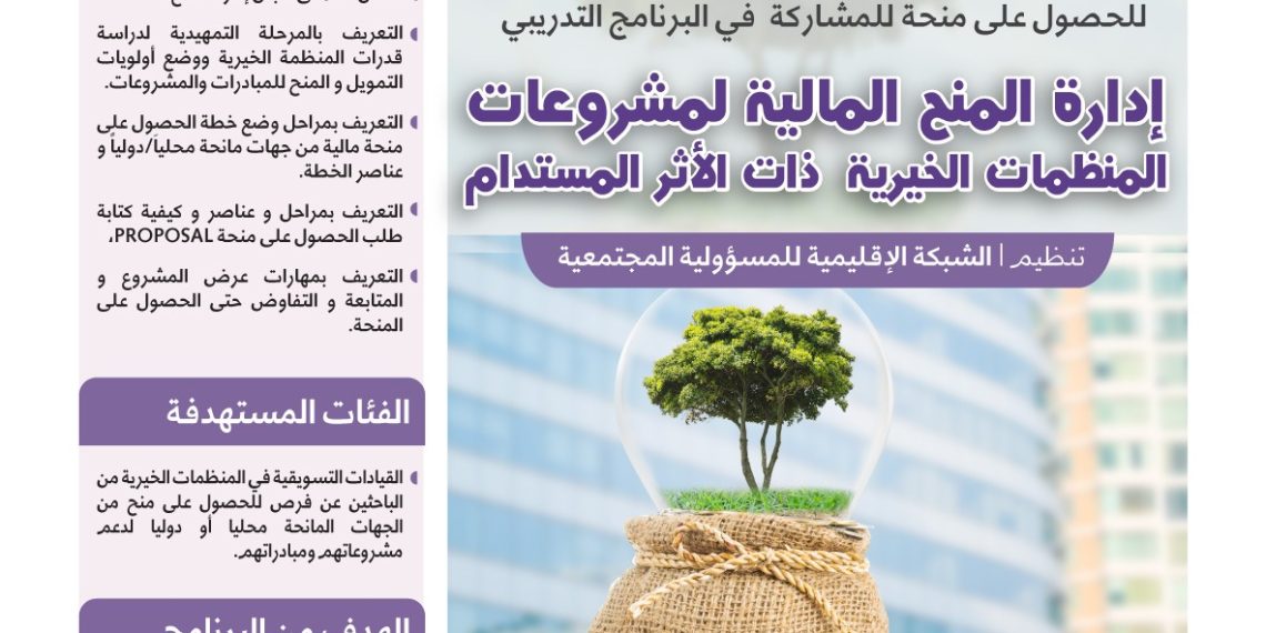 البرنامج التدريبي النوعي إدارة المنح المالية لمشروعات المنظمات الخيرية ذات الأثر المستدام